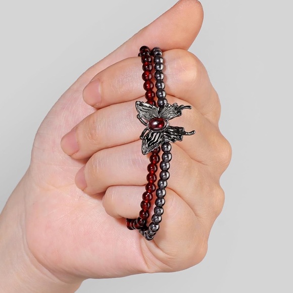 🆕New Garnet & Hematite Butterfly 2 Piece Gemstone Bracelet Set - Picture 2 of 4